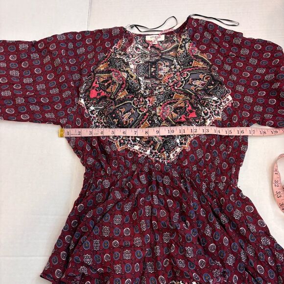Umgee Wine Multiprint Surplice Long Sleeve Tiered Short Dress NEW Size Small - Picture 13 of 14
